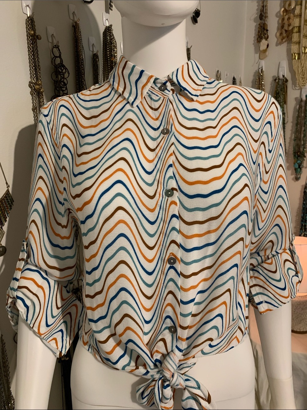 Olivaceous Women's Wave-Stripe Tie-Front Button Down in Blue, Brown & White